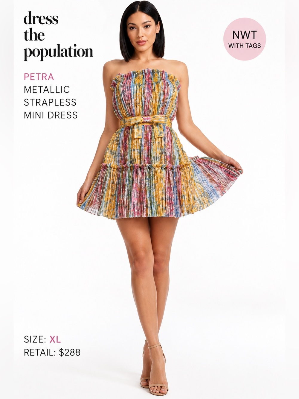 Dress the Population Metallic Strapless Bow Waist Fit Flare Mini Dress XL NEW